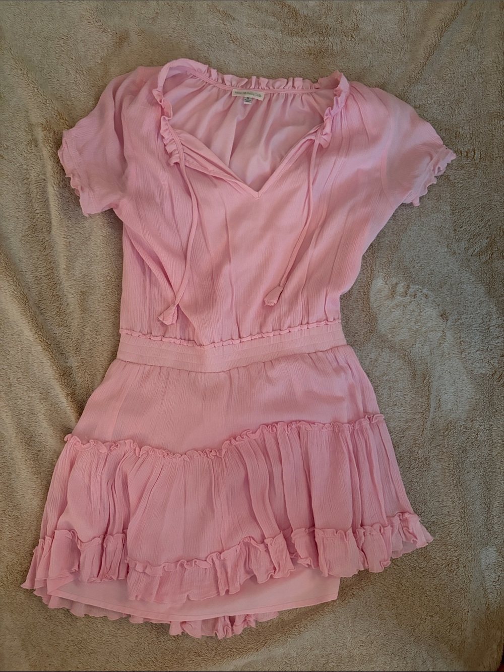 Pink Ruffle Mini Dress with Tie Neck